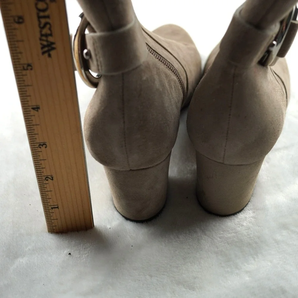 Karl Lagerfeld Paris Cosette Ankle Boots Women 6 Suede Buckle Block Heel Taupe